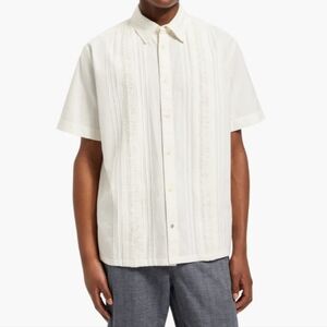 Scotch & Soda Men's Textured Linen Blend Cream Short Sleeve Button Down Shirt, L